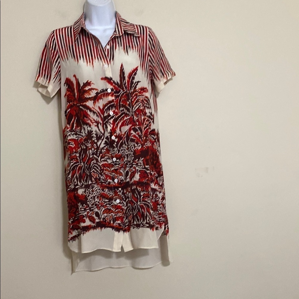 Vintage Tropical Red and White Shirt Dress tunic silk women S beach Y2K vacation